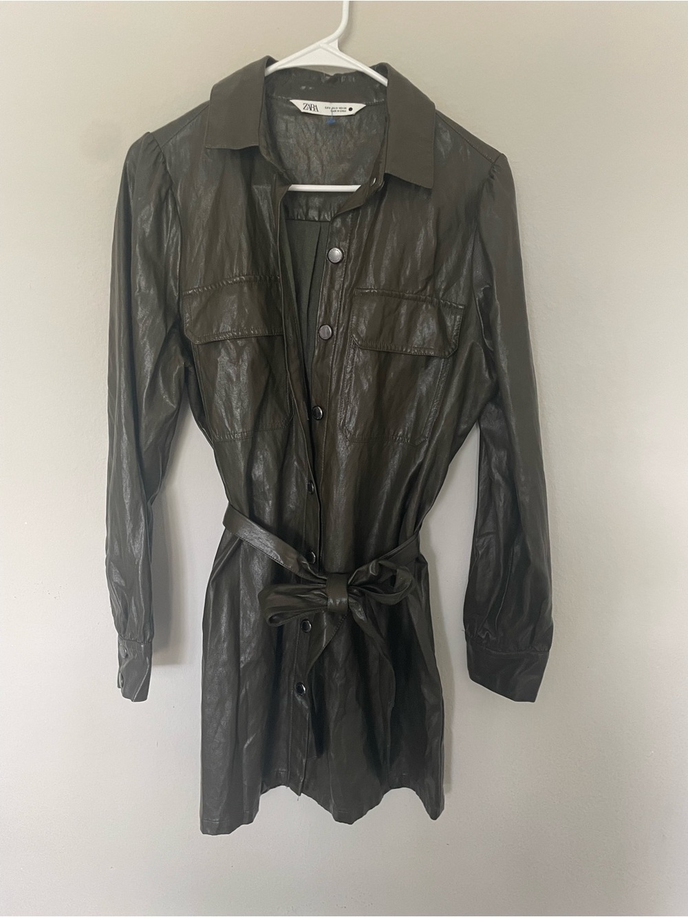 Zara Dark Olive Faux Leather Mini Shirt Dress with Tie Belt